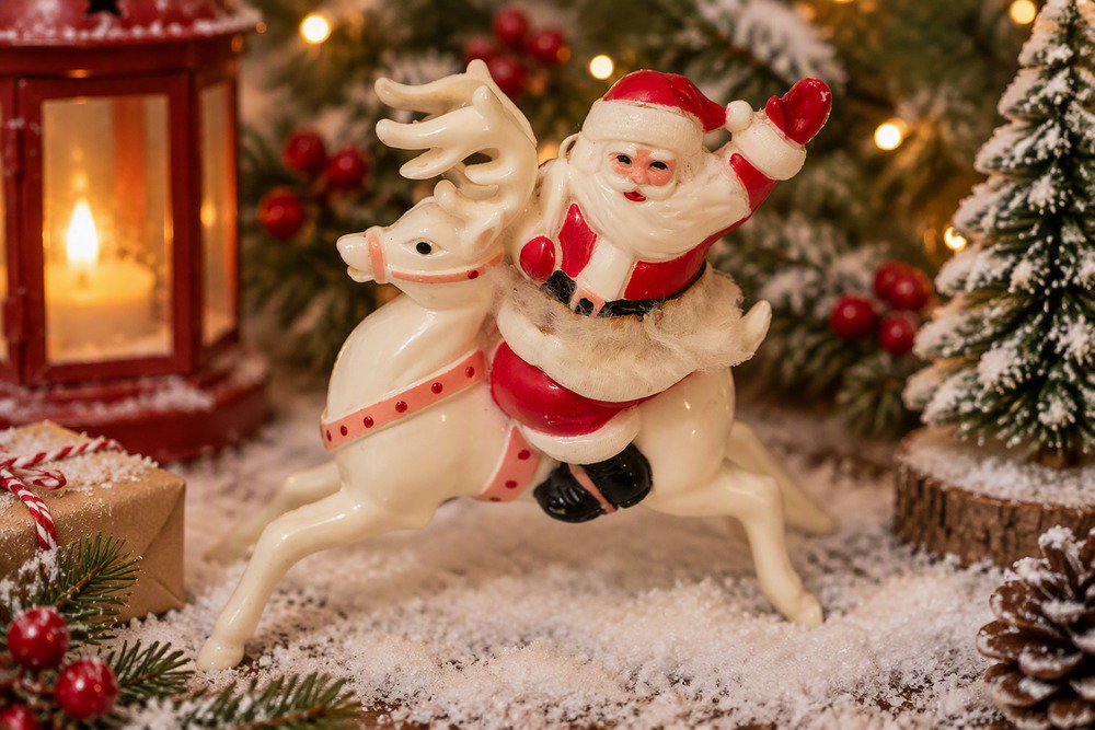 Vintage 1950s Rosbro Santa on Reindeer - 7.5” Hard Plastic